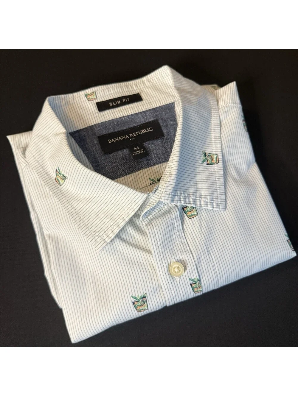 Banana Republic Slim Fit Shirt Men’s Medium White Blue Stripe Cocktail Print